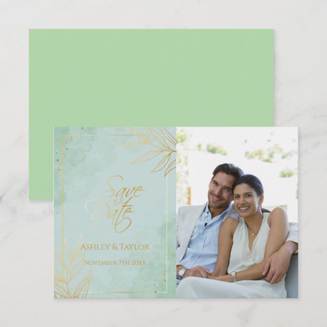 Mint & Gold Floral Wedding Save The Date (Vorne/Hinten)