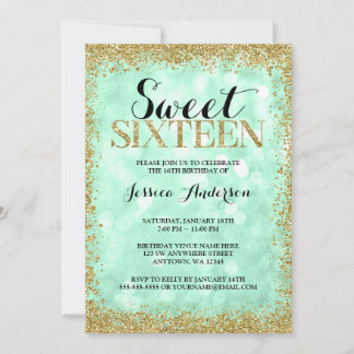 Mint Gold Imitate Glitzer Lights Sweet 16 Geburtst Einladung