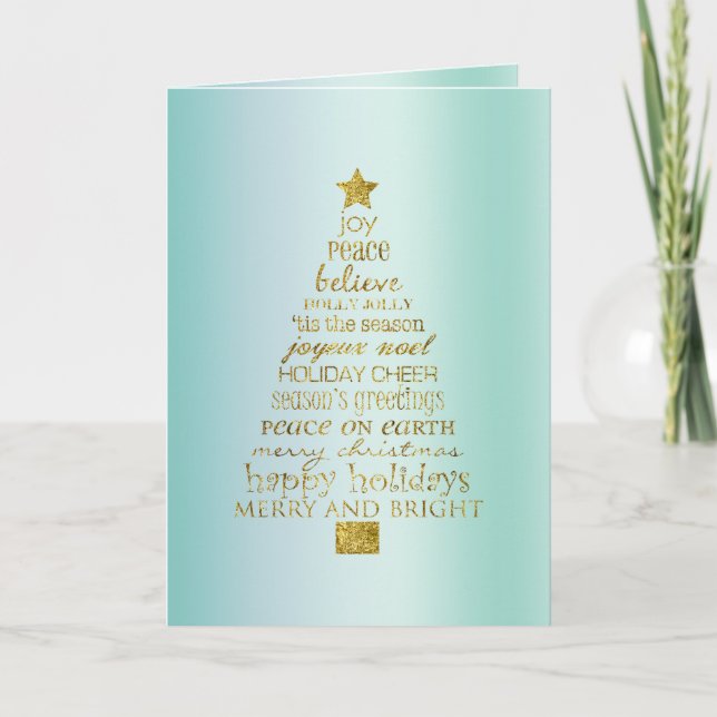Mint Gold Inspirational Christmas Tree Peace Joy  Karte (Vorderseite)