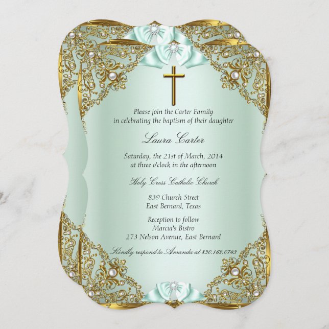 Mint Gold Pearl Damask Cross Taufen Christening Einladung (Vorne/Hinten)