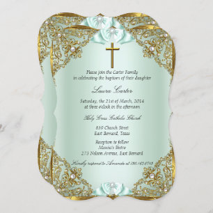 Mint Gold Pearl Damask Cross Taufen Christening Einladung