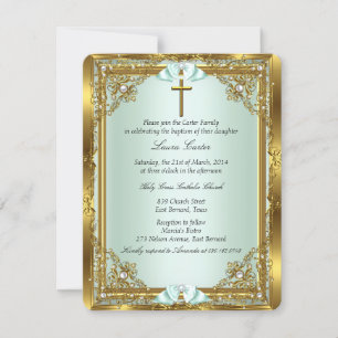 Mint Gold Perlmuster-Damask-Kreuz Taufe 3 Einladung