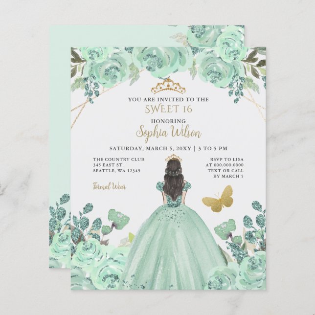 Mint Gold Prinzessin Sweet 16 Einladung (Vorne/Hinten)