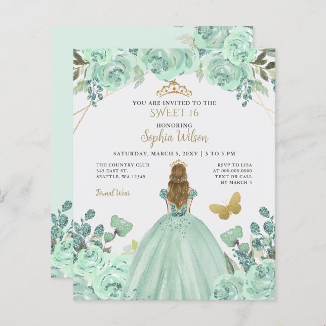 Mint Gold Prinzessin Sweet 16 Einladung (Vorne/Hinten)