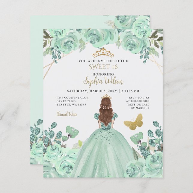 Mint Gold Prinzessin Sweet 16 Einladung (Vorne/Hinten)