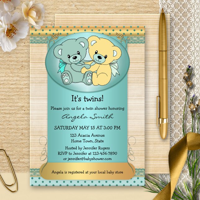 Mint Gold Twin Teddy Bear Babydusche Einladung (Cute baby shower invitation for twins, featuring two teddy bears on burlap)