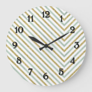 Mint Gold und Weiß Chic Chevron Große Wanduhr