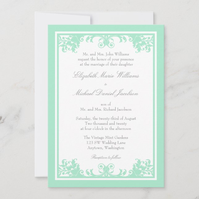 Mint-Grau-Vintage Scroll-Hochzeit Einladung (Vorderseite)