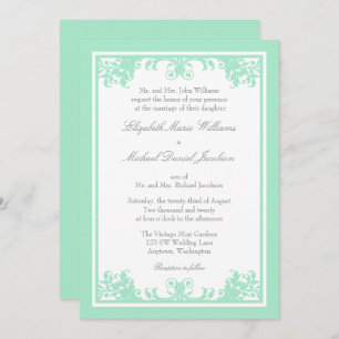 Mint-Grau-Vintage Scroll-Hochzeit Einladung