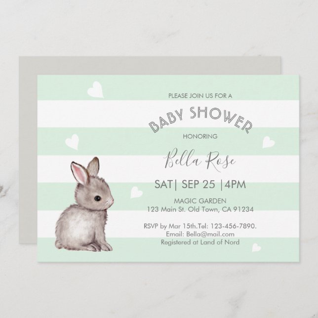 Mint Gray Bunny Baby Shower Einladungen (Vorne/Hinten)