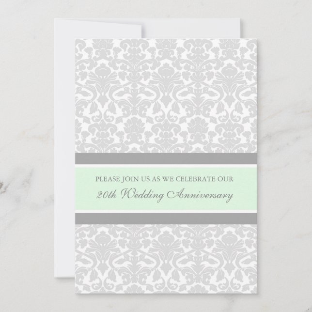 Mint Gray Damask 20-Jährige Party Einladung (Vorderseite)