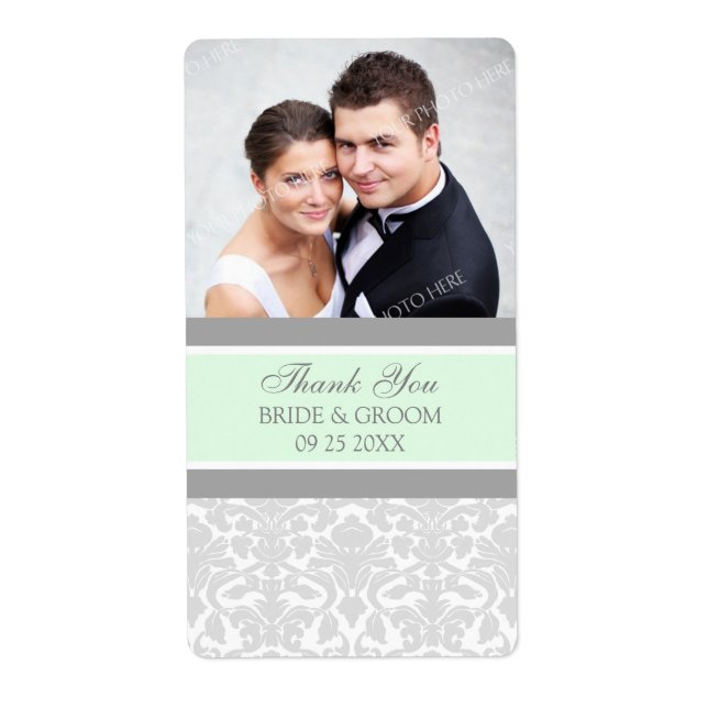 Mint Gray Damask Foto Hochzeitsmarken (Vorne)