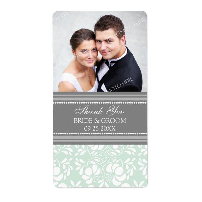Mint Gray Damask Foto Hochzeitsmarken (Vorne)