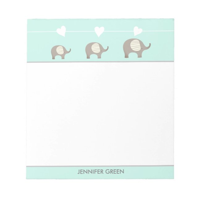 Mint Gray Heart Elephant Personalisiert Notepad Notizblock (Vorderseite)