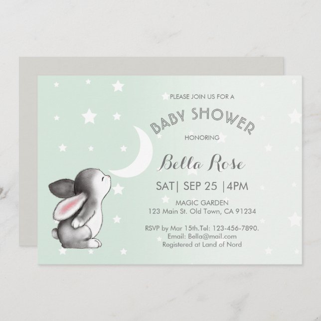 Mint Gray Moon Stars Bunny Baby Shower Einladungen (Vorne/Hinten)