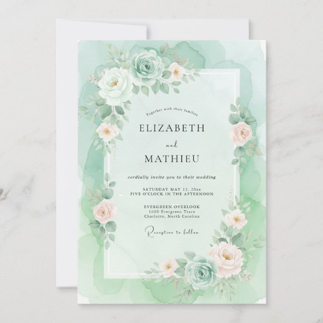 Mint Gräzliche Wasserfarben-Hochzeit Einladung (Vorderseite)