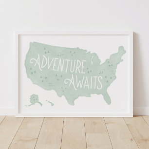 Mint Green Adventure erwartet US Map Kids Room Dec Poster