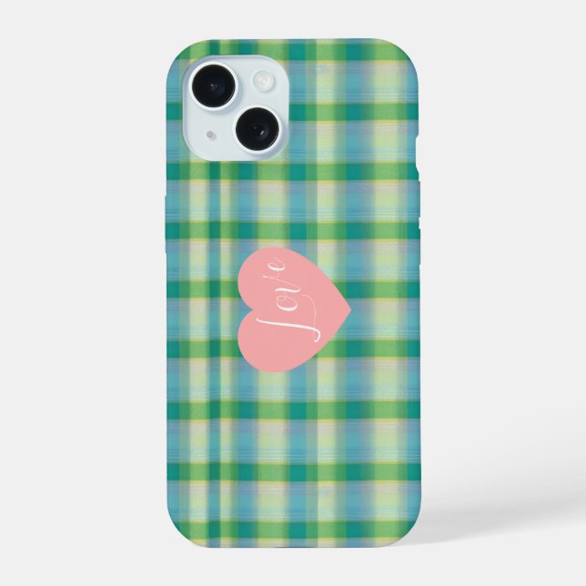 Mint Green and Blue Plaid Phone Case iPhone 15 Hülle (Rückseite)