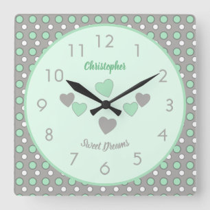Mint green and gray with polka dots and name quadratische wanduhr