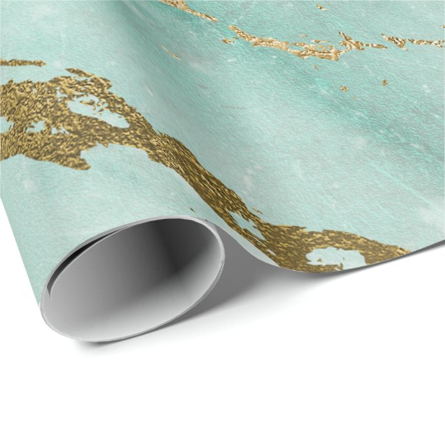 Mint Green Aqua Gold Marble Shiny Glam Geschenkpapier (Rolleneckpunkt)