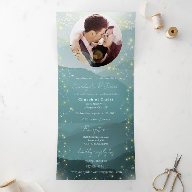 Mint Green Ash Mountain Hillside Wedding Dreifach Gefaltete Einladung (Innenseite)