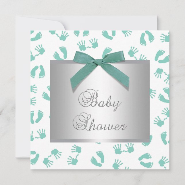 Mint Green Baby Hands Feet Baby Dusche Einladung (Vorderseite)