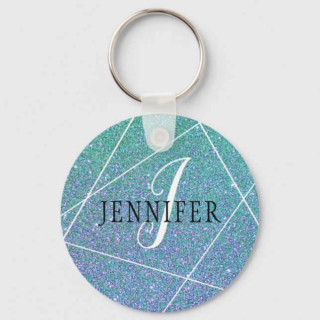 Mint Green Blue Faux Glitter Sparkles Monogram Schlüsselanhänger (Vorderseite)