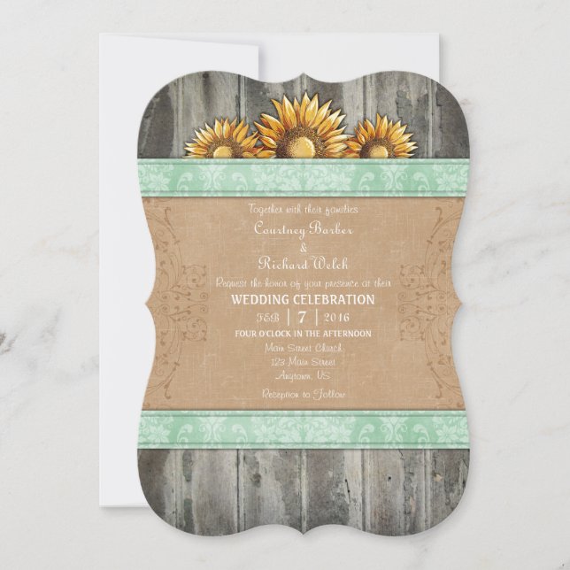 Mint Green Brown Rustic Sonnenblume Einladung (Vorderseite)