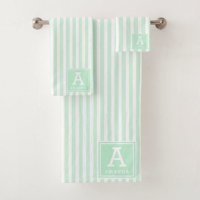 Mint Green Cabana Streifen Mit Monogramm Initialen Badhandtuch Set (Insitu)