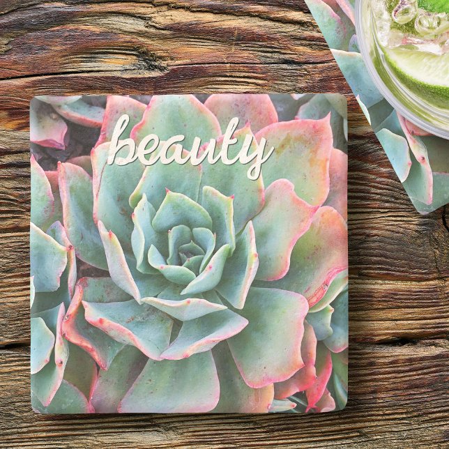 Mint Green Cactus Succulent Foto Beauty Script Steinuntersetzer (Von Creator hochgeladen)