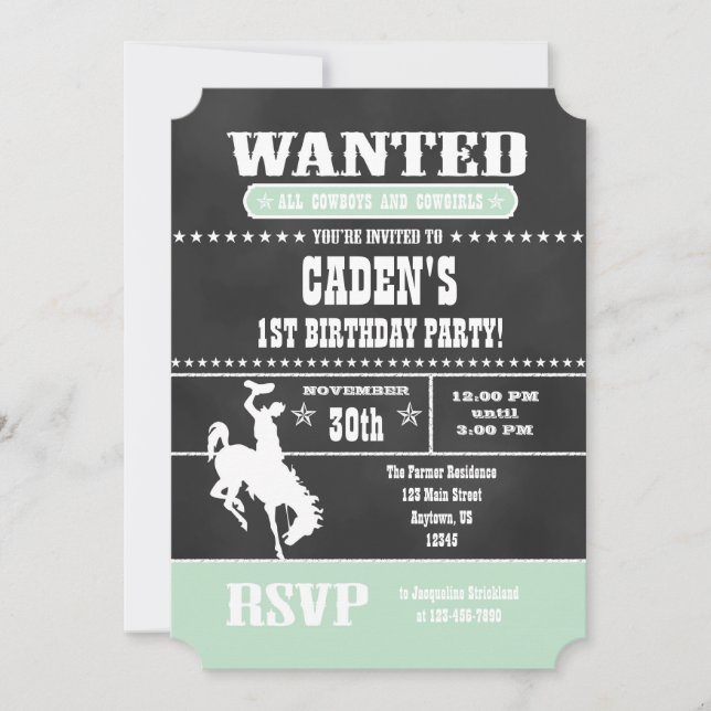 Mint Green Chalkboard Cowboy zum Geburtstag Einlad Einladung (Vorderseite)