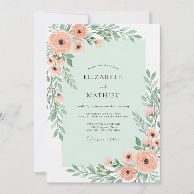 Mint Green Charming Botanical Wedding Einladung (Vorderseite)
