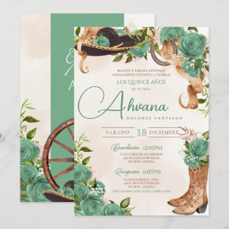 Mint Green Charra Quinceañera Western Sage Rose Einladung