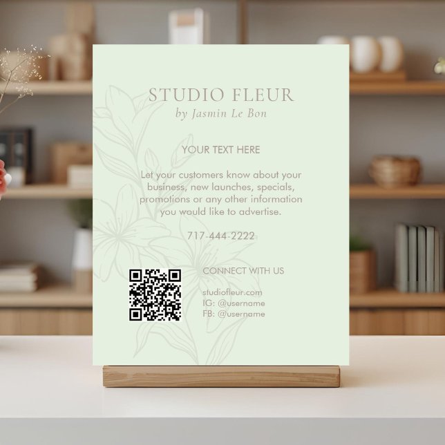 Mint Green | Chic Floral Text Promotion QR Poster (Von Creator hochgeladen)