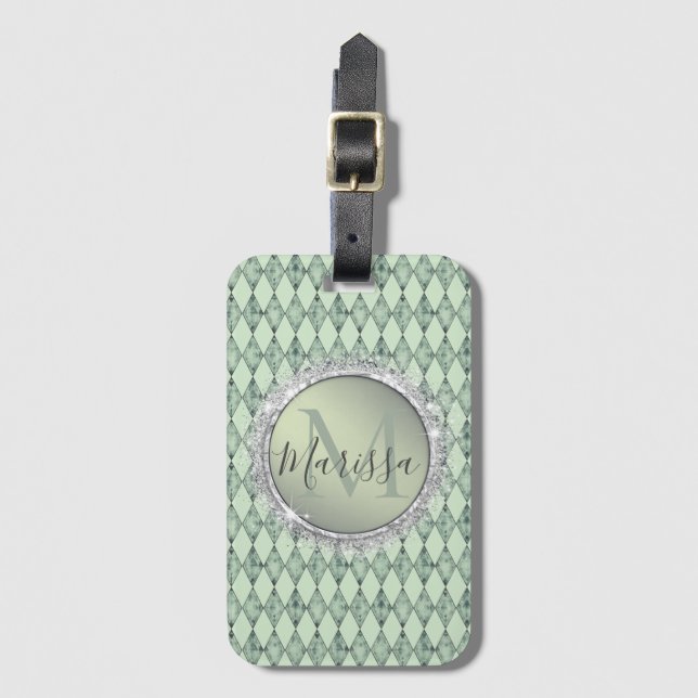 Mint Green Chic Harlequin Monogram Gepäckanhänger (Vorderseite Vertikal)