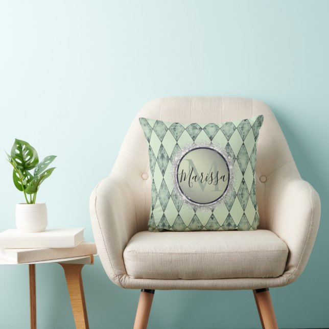 Mint Green Chic Harlequin Monogramm individuell an Kissen (Stuhl )