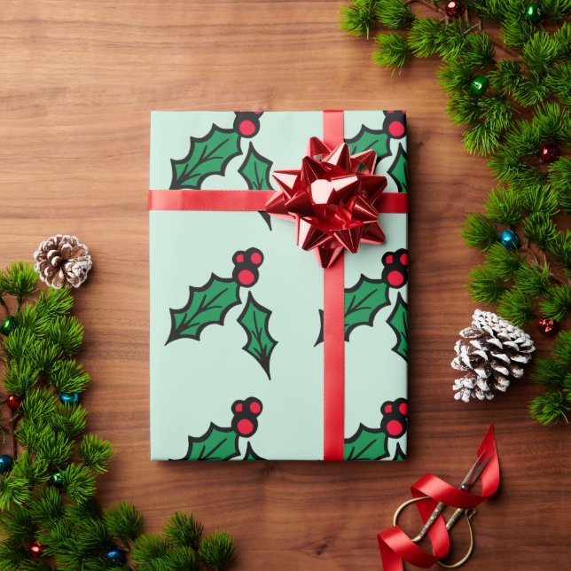 Mint Green Christmas Holly Wrapping Paper Geschenkpapier (Feiertagsgeschenk)