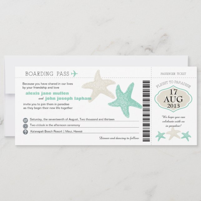 Mint Green Cream Starfish Boarding Hochzeit Einladung (Vorderseite)