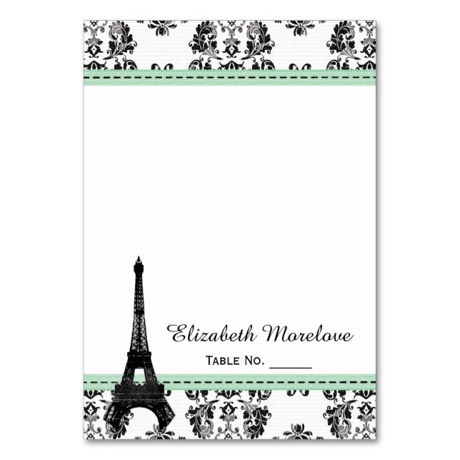 MINT GREEN Damask Eiffel Tower Zelt Platzkarten Tischnummer (Vorderseite)