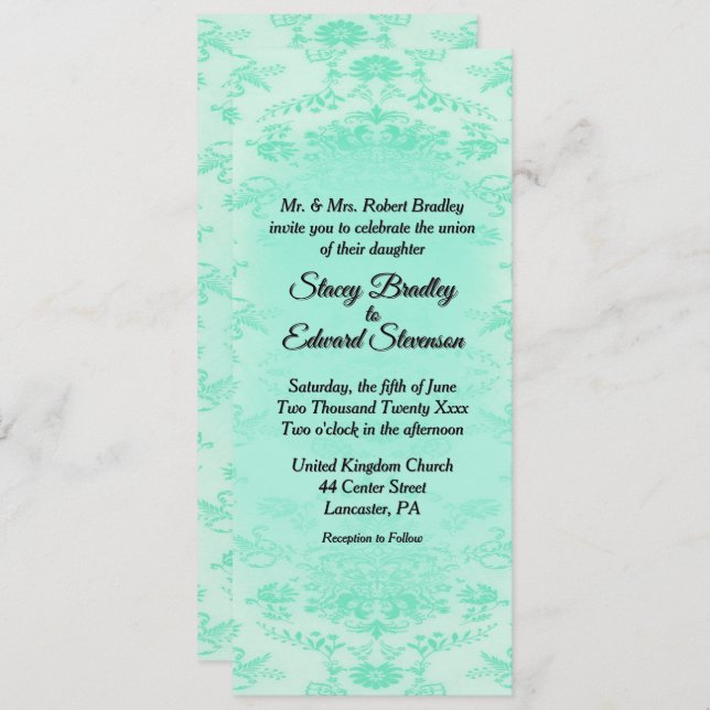 Mint Green Damask Einladung zur Hochzeit (Vorne/Hinten)