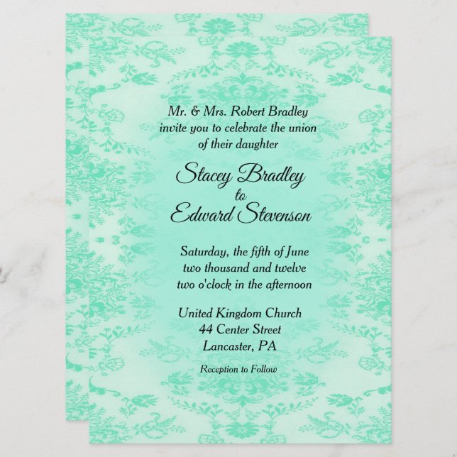 Mint Green Damask Einladung zur Hochzeit (Vorne/Hinten)