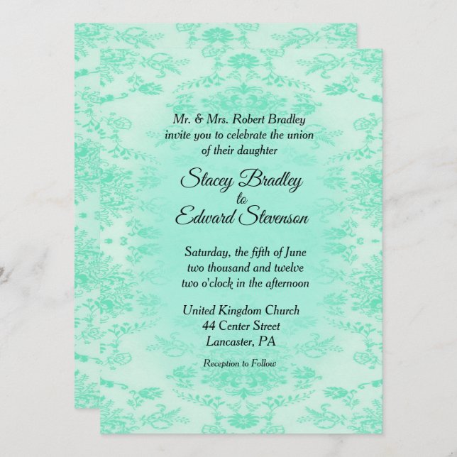 Mint Green Damask Einladung zur Hochzeit (Vorne/Hinten)