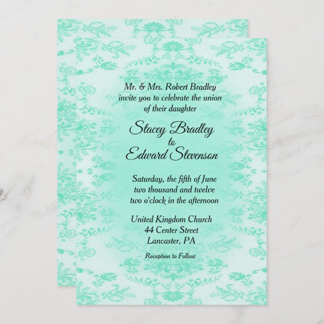 Mint Green Damask Einladung zur Hochzeit (Vorne/Hinten)