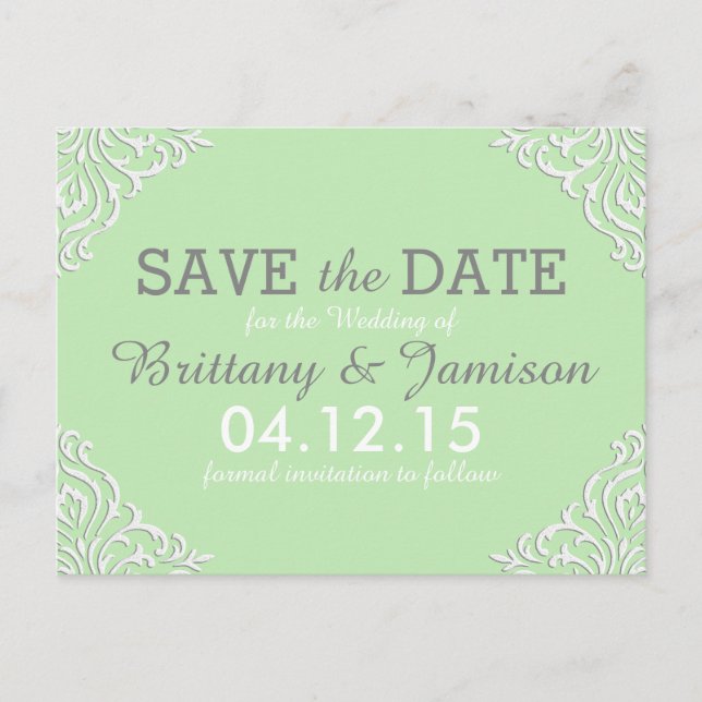 Mint Green Damask Elegante Save the Date Postkarte (Vorderseite)