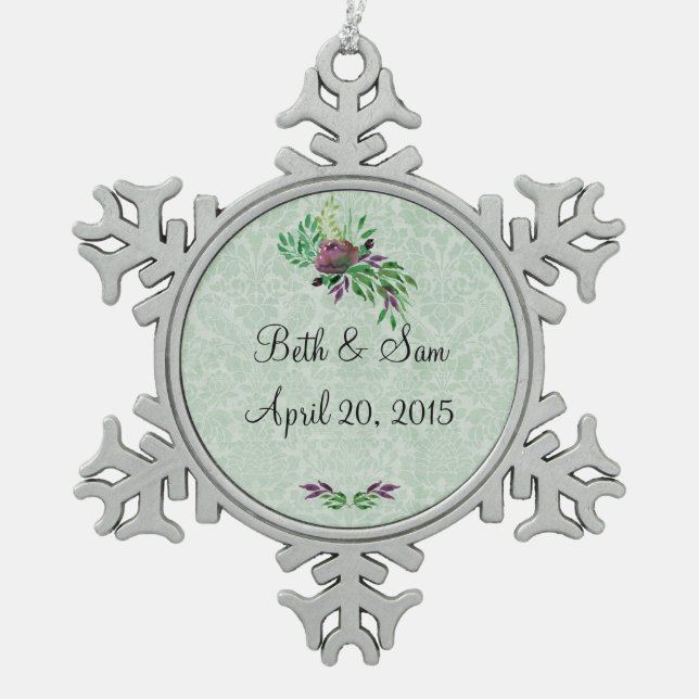 Mint Green Damask Gedächtnis Zünderschneeflake Orn Schneeflocken Zinn-Ornament (Vorderseite)