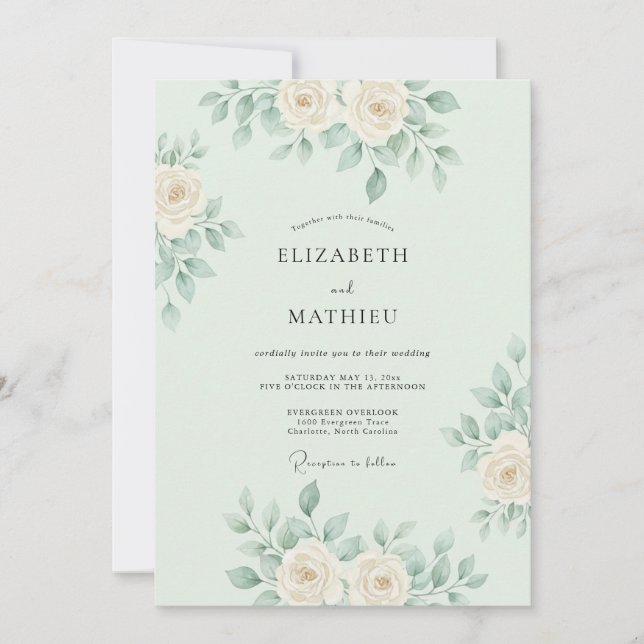 Mint Green Delicate Botanical Wedding Einladung (Vorderseite)