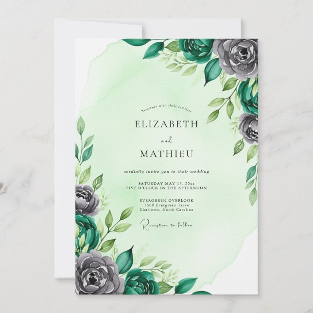Mint Green Distinguished Botanical Wedding Einladung (Vorderseite)
