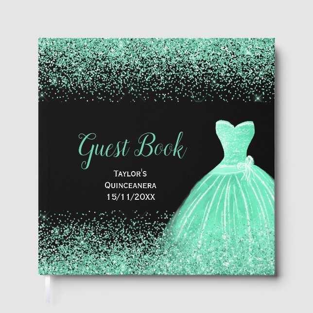 Mint Green Dress Faux Glitter Quinceanera Gästebuch (Vorderseite)