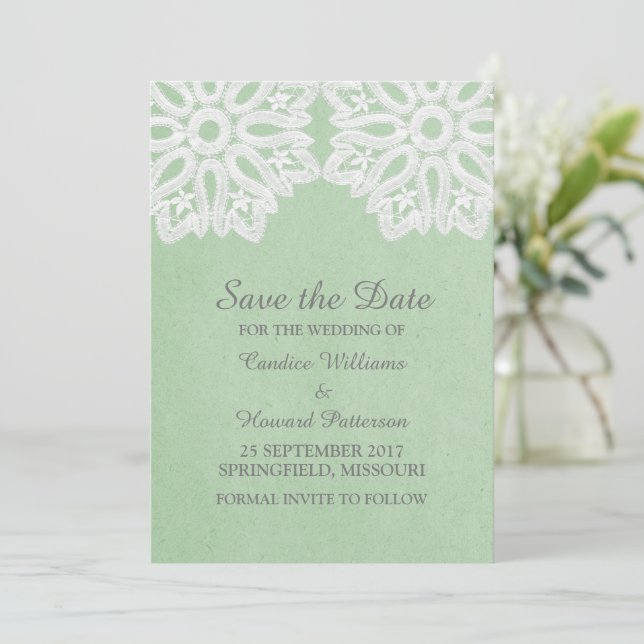 Mint Green Elegance Spitzen Save the Date einladen (Stehend Vorderseite)