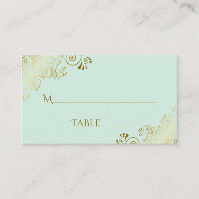 Mint Green Elegant Gold Frills Wedding Escort Card Platzkarte (Vorderseite)